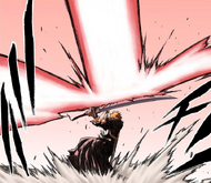 Ichigo blocks the Menos Grande's Cero with his Zanpakutō.