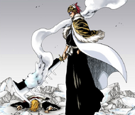 Renji deflects Mask's Star Flash with Zabimaru.