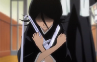 Rukia clutches Sode no Shirayuki to her chest.