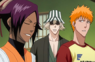 Yoruichi tells Urahara she will be leaving soon, so Ichigo can come with her.