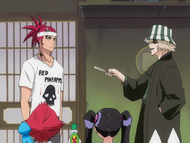 Renji is coerced into doing chores by Kisuke Urahara.