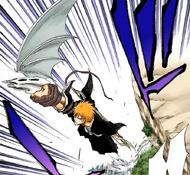 Ichigo flies out of the hidden room with the aid of Yoruichi's Ryūkotsujō.