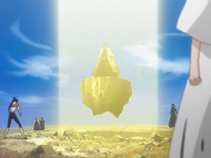 Chōjirō watches as Aizen is protected by the Negación beam.