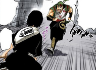 Ganju runs back when Hanatarō collapses due to Kenpachi's Reiatsu.