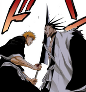 Kenpachi remains unharmed by Ichigo's attack.