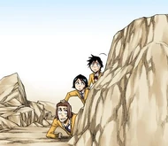Tatsuki, Keigo, and Mizuiro emerge from behind a rock after Ichigo, Sado, and Uryū depart.