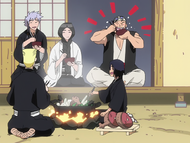 Unohana and her subordinates consume boar meat alongside Ganju Shiba.