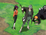 Ichigo is saved by Urahara and Yoruichi.