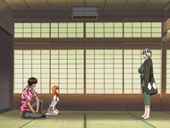 Sado and Orihime being told about their powers by Kisuke Urahara.