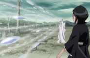 Sode no Shirayuki uses Icy Wind to protect Rukia from Kirikaze.