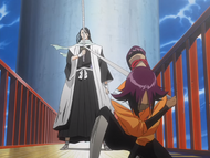 Yoruichi stops Byakuya's Shikai release.