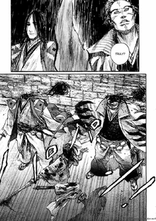 Sōsaku displays his speed by appearing in front of and instantly beheading two opponents.