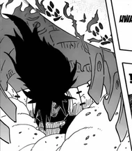 Kentaro's Shikai produces a ribcage-like construct surrounded by black flames.