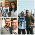 Alexander, Sullivan Stapleton and Luke Mitchell pose with a fan between takes at St. Mark's Square. June 22, 2017.