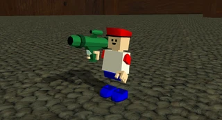 A blockhead holding the Rocket Launcher.