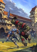 A Human Team and an Ork Team battle it out on the pitch