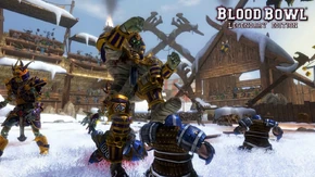 A Dwarf Team fights it out with a Khemri Team in their frigid winter stadium