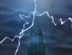 An impaled Amshel getting struck by lightning 
