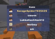 Four bots in a Bloxd Hop lobby. SavageSpider7435425 is a real player.