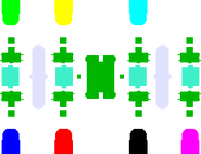 A map of the BedWars Wood Factory Map. Dark green islands means that island has nothing worthy on it.
