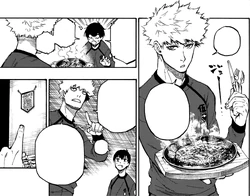 Kunigami shares a plate of 300g sirloin steak with Isagi