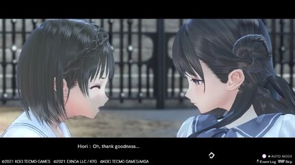 Hiori has her eyes closed as she says "Oh, thank goodness..." to Mio, the dialogue is also captioned in the image. Mio is looking at Hiori with a warm face.