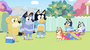 Bluey paints Muffin's toenails. Pat, Stripe, and Bandit arrive to tear out the stump.