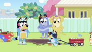 Bluey, Bingo, and Muffin arrive with a wagon of refreshments - their new game is lemonade delivery.