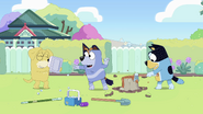 Meanwhile, Bandit works on the stump, while Pat and Stripe throw ice at each other.