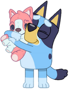 Artwork of Bluey cuddling Polly Puppy