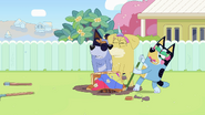 Pat, Stripe, and Bandit all heave on the stump...