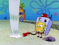 Bob Esponja sopla la arena con tanta fuerza que sale.