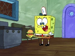 Bob Esponja sosteniendo una Cangreburger.