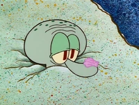 La concha cae en la nariz de Calamardo.