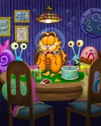 Obra de arte realizada para el 25 aniversario, con Garfield y Gary.