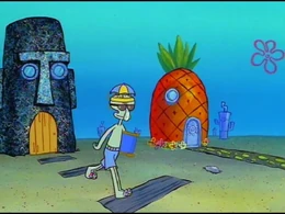 Tres errores en uno: a la casa de Bob Esponja le falta una ventana y la chimenea, las cejas y la nariz de la casa de Calamardo están conectadas, el modelo de Calamardo está apagado y su altura es mucho mayor de lo habitual.