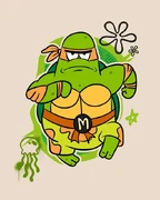 Obra de arte realizada para el 25 aniversario, con Patricio como Michelangelo de TMNT.