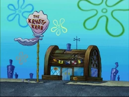 El letrero del Crustáceo Cascarudo está mal escrito como Krysty Krab, y se ve más oscuro que de costumbre.