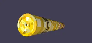 Image depicts a gigantic cylinder floating in space, composed of a patchwork of panels ranging from yellow to a warm tan. It is ten times longer than it is tall, and extends off into the distance.