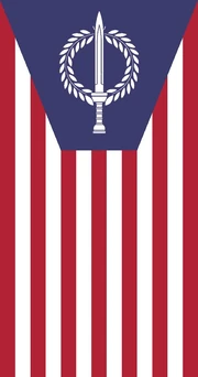 Banner resembles the Cuban flag rotated 90 degrees to the Right, so that the 13 red and white stripes are oriented vertically. A blue triangle extends down from the top of the flag, with a white sword encircled in a wreath of the same color superimposed on the blue where stars would ordinarily be.