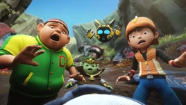 BoBoiBoy, Gopal, Ochobot dan Qually terkejut melihat keadaan Kapten Papa