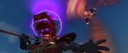 BoBoiBoy Blaze attacking Bora Ra with Blazing Fire Punch