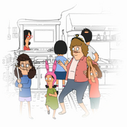 Louise, Megan, Jessica, and April dance in the kitchen to "Wharfy" in the end credit sequence "Three Girls and a Little Wharfy."