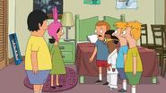 Arnold asking for Gene and Louise for a refund with Rudy and the Pesto twins. ("The (Raccoon) King and I")