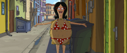 Linda as the burger mascot (with a bikini).