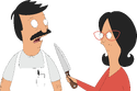 Linda Belcher Knife.webp (111 KB) Linda pointing a knife at Bob's face. ("Glued, Where's My Bob?")