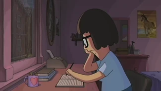  writing in her room in her animation in Bob's Burgers Lo-Fry Volume 1.