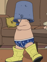 A young Gene with blue underwear with stars, rain boots, and a bucket over his face. ("They Slug Horses, Don't They?")