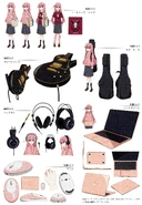 Model sheet of Bocchi in hippie apparel and some of her gears.