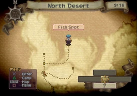 Between those locations, look for a "?". Then leave the desert to the northeast to uncover the route to the fishing spot.